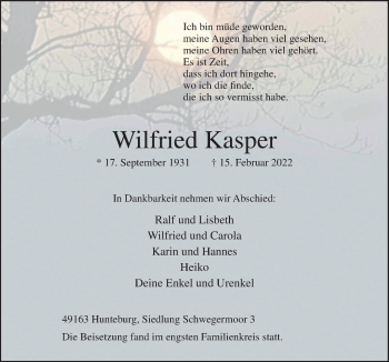 Traueranzeige von Wilfried Kasper von Neue Osnabrücker Zeitung GmbH & Co. KG