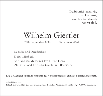 Traueranzeige von Wilhelm Giertler von Neue Osnabrücker Zeitung GmbH & Co. KG
