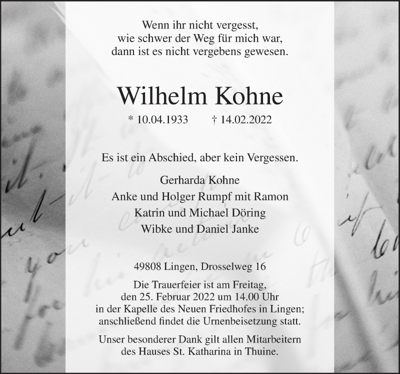  Traueranzeige für Wilhelm Kohne vom 19.02.2022 aus Neue Osnabrücker Zeitung GmbH & Co. KG