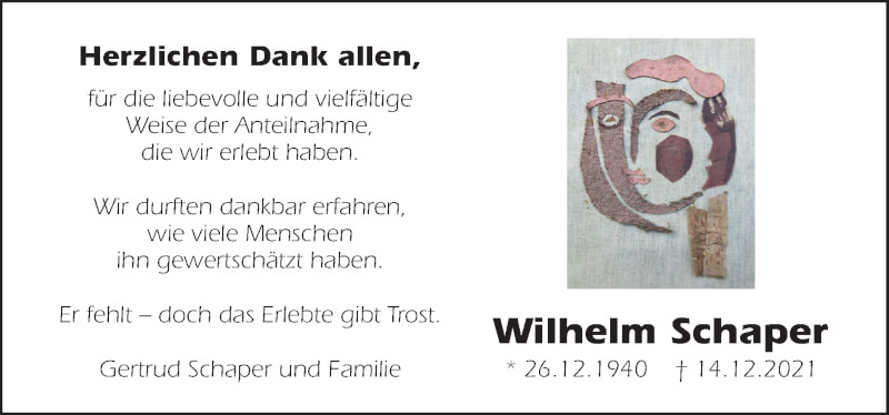  Traueranzeige für Wilhelm Schaper vom 05.02.2022 aus Neue Osnabrücker Zeitung GmbH & Co. KG
