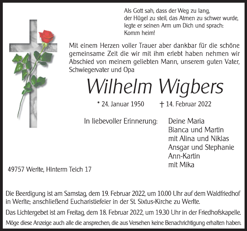  Traueranzeige für Wilhelm Wigbers vom 16.02.2022 aus Neue Osnabrücker Zeitung GmbH & Co. KG