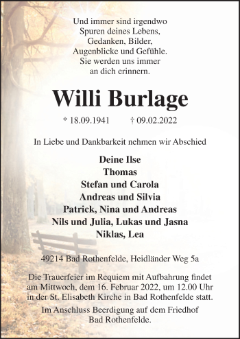 Traueranzeige von Willi Burlage von Neue Osnabrücker Zeitung GmbH & Co. KG