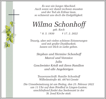 Traueranzeige von Wilma Schonhoff von Neue Osnabrücker Zeitung GmbH & Co. KG