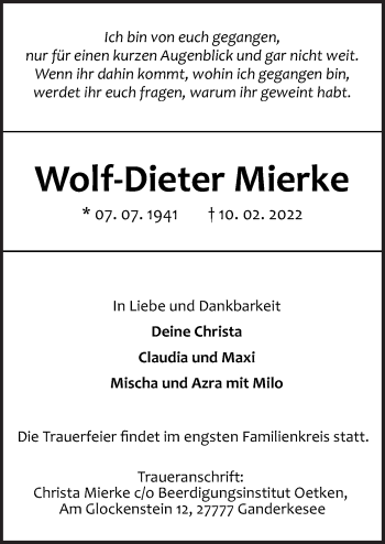 Traueranzeige von Wolf-Dieter Mierke von Neue Osnabrücker Zeitung GmbH & Co. KG