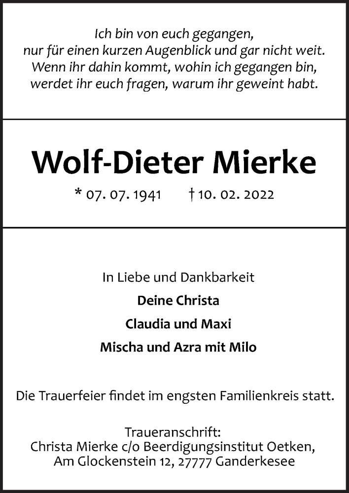  Traueranzeige für Wolf-Dieter Mierke vom 16.02.2022 aus Neue Osnabrücker Zeitung GmbH & Co. KG
