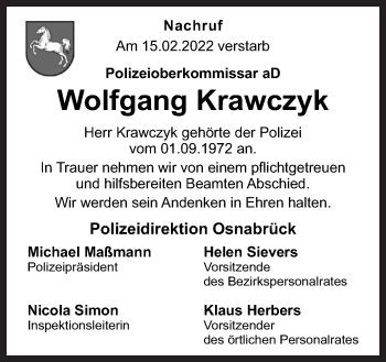 Traueranzeige von Wolfgang Krawczyk von Neue Osnabrücker Zeitung GmbH & Co. KG