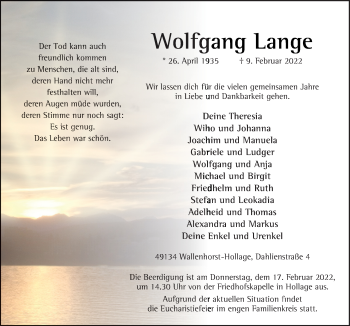 Traueranzeige von Wolfgang Lange von Neue Osnabrücker Zeitung GmbH & Co. KG