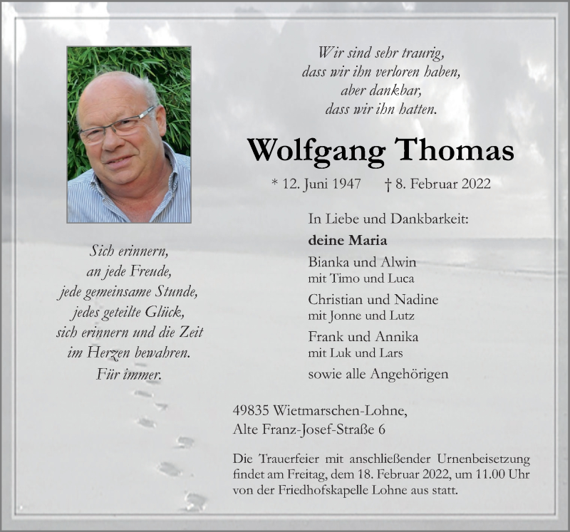  Traueranzeige für Wolfgang Thomas vom 10.02.2022 aus Neue Osnabrücker Zeitung GmbH & Co. KG
