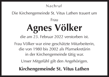 Traueranzeige von Agnes Völker von Neue Osnabrücker Zeitung GmbH & Co. KG