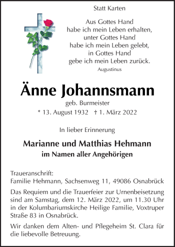 Traueranzeige von Änne Johannsmann von Neue Osnabrücker Zeitung GmbH & Co. KG