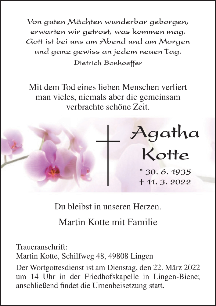  Traueranzeige für Agatha Kotte vom 16.03.2022 aus Neue Osnabrücker Zeitung GmbH & Co. KG
