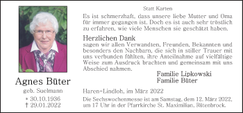 Traueranzeige von Agnes Büter von Neue Osnabrücker Zeitung GmbH & Co. KG