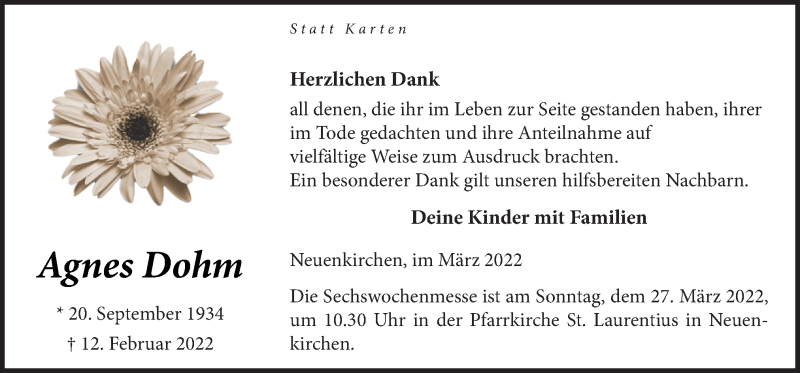  Traueranzeige für Agnes Dohm vom 22.03.2022 aus Neue Osnabrücker Zeitung GmbH & Co. KG