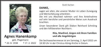 Traueranzeige von Agnes Hanenkamp von Neue Osnabrücker Zeitung GmbH & Co. KG