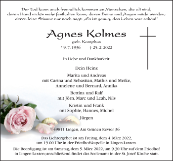 Traueranzeige von Agnes Kolmes von Neue Osnabrücker Zeitung GmbH & Co. KG