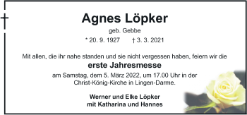 Traueranzeige von Agnes Löpker von Neue Osnabrücker Zeitung GmbH & Co. KG