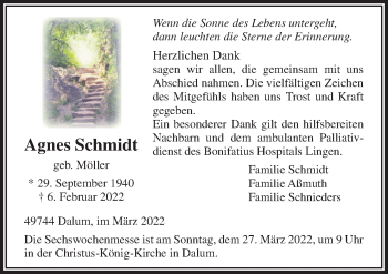 Traueranzeige von Agnes Schmidt von Neue Osnabrücker Zeitung GmbH & Co. KG