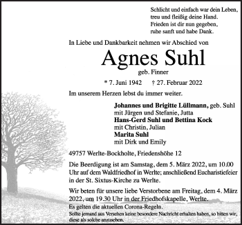 Traueranzeige von Agnes Suhl von Neue Osnabrücker Zeitung GmbH & Co. KG