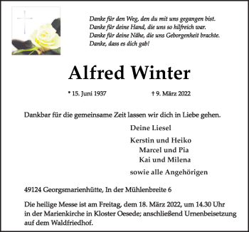 Traueranzeige von Alfred Winter von Neue Osnabrücker Zeitung GmbH & Co. KG