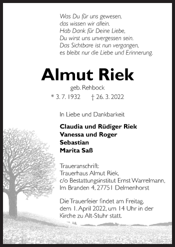 Traueranzeige von Almut Riek von Neue Osnabrücker Zeitung GmbH & Co. KG