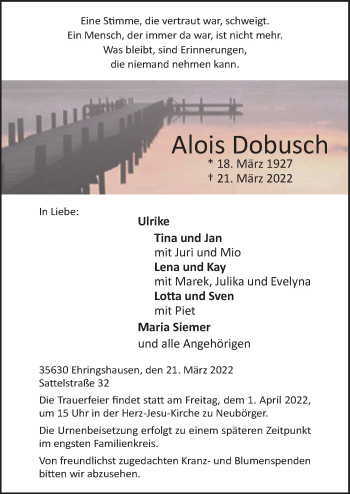 Traueranzeige von Alois Dobusch von Neue Osnabrücker Zeitung GmbH & Co. KG