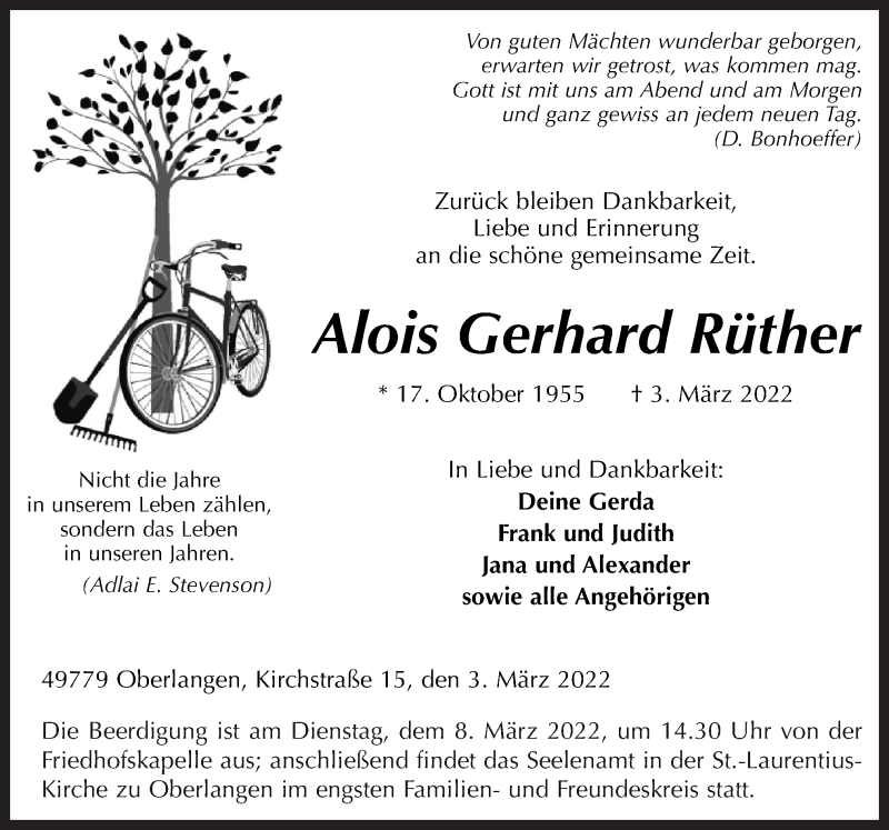  Traueranzeige für Alois Gerhard Rüther vom 05.03.2022 aus Neue Osnabrücker Zeitung GmbH & Co. KG