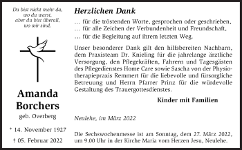 Traueranzeige von Amanda Borchers von Neue Osnabrücker Zeitung GmbH & Co. KG