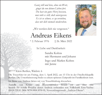 Traueranzeige von Andreas Eikens von Neue Osnabrücker Zeitung GmbH & Co. KG