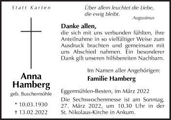 Traueranzeige von Anna Hamberg von Neue Osnabrücker Zeitung GmbH & Co. KG