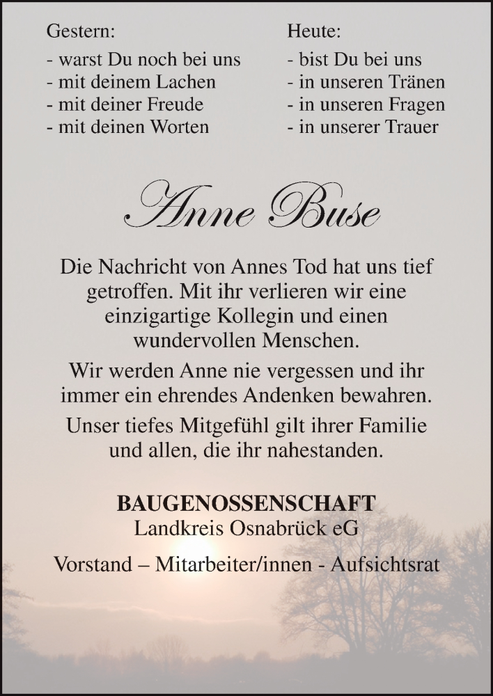  Traueranzeige für Anne Buse vom 29.03.2022 aus Neue Osnabrücker Zeitung GmbH & Co. KG