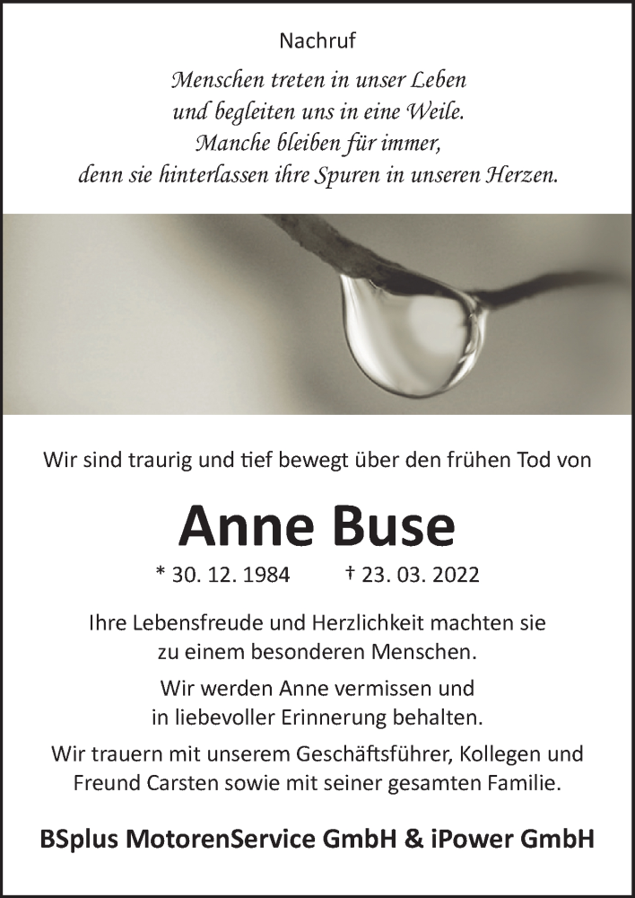  Traueranzeige für Anne Buse vom 31.03.2022 aus Neue Osnabrücker Zeitung GmbH & Co. KG
