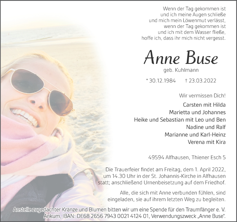  Traueranzeige für Anne Buse vom 28.03.2022 aus Neue Osnabrücker Zeitung GmbH & Co. KG