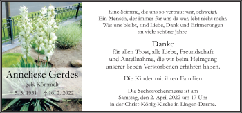 Traueranzeige von Anneliese Gerdes von Neue Osnabrücker Zeitung GmbH & Co. KG