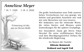 Traueranzeige von Anneliese Meyer von Neue Osnabrücker Zeitung GmbH & Co. KG