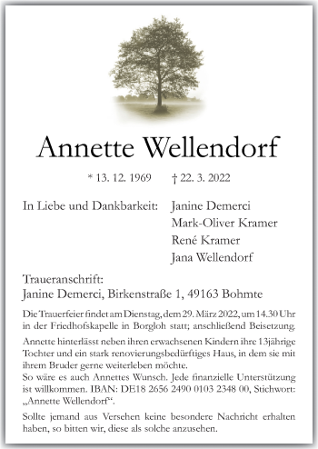 Traueranzeige von Annette Wellendorf von Neue Osnabrücker Zeitung GmbH & Co. KG