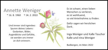 Traueranzeige von Annette Weniger von Neue Osnabrücker Zeitung GmbH & Co. KG