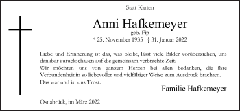 Traueranzeige von Anni Hafkemeyer von Neue Osnabrücker Zeitung GmbH & Co. KG