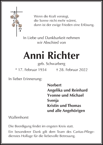 Traueranzeige von Anni Richter von Neue Osnabrücker Zeitung GmbH & Co. KG