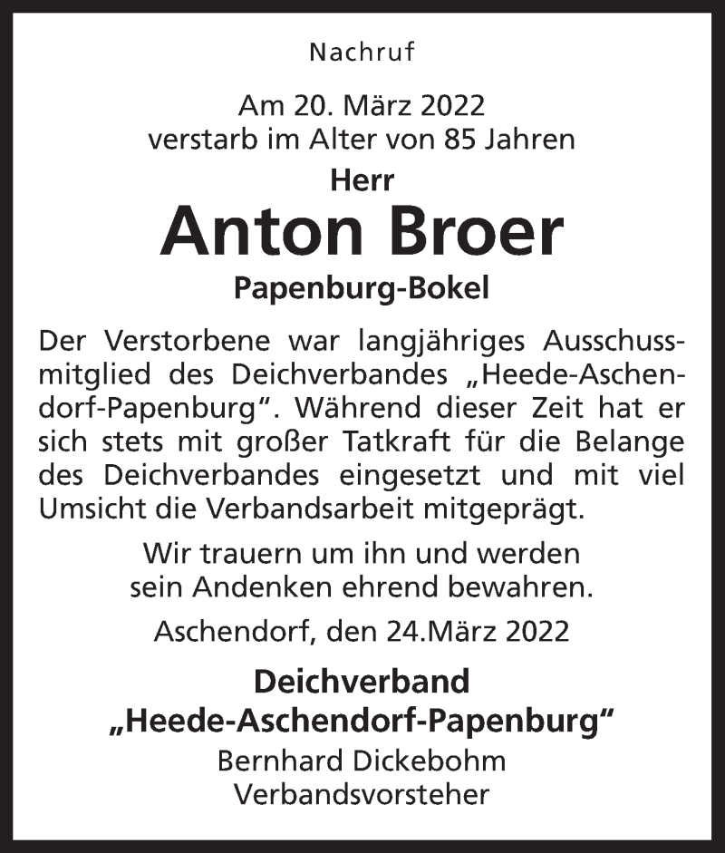 Traueranzeigen Von Anton Broer | Noz Trauerportal