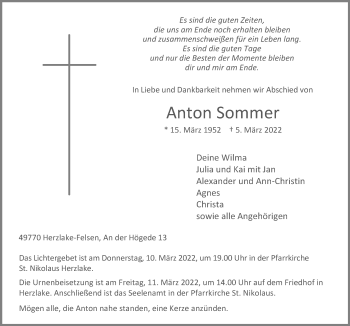 Traueranzeige von Anton Sommer von Neue Osnabrücker Zeitung GmbH & Co. KG