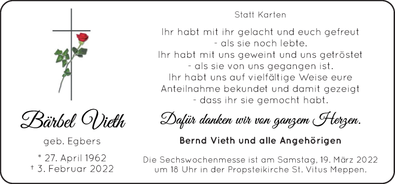  Traueranzeige für Bärbel Vieth vom 12.03.2022 aus Neue Osnabrücker Zeitung GmbH & Co. KG
