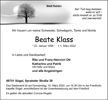 Traueranzeige von Beate Klass von Neue Osnabrücker Zeitung GmbH & Co. KG
