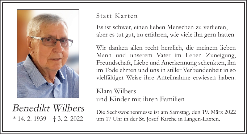  Traueranzeige für Benedikt Wilbers vom 16.03.2022 aus Neue Osnabrücker Zeitung GmbH & Co. KG