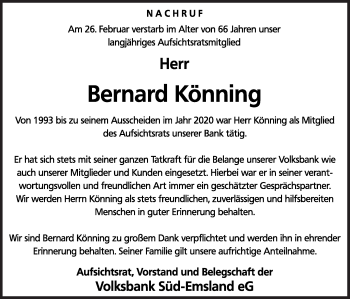 Traueranzeige von Bernard Könning von Neue Osnabrücker Zeitung GmbH & Co. KG