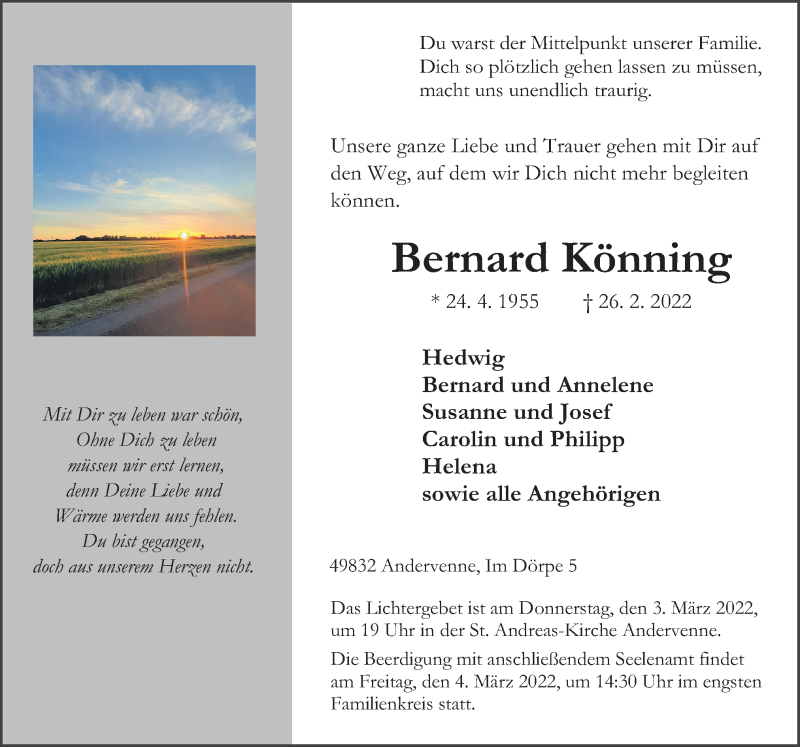  Traueranzeige für Bernard Könning vom 01.03.2022 aus Neue Osnabrücker Zeitung GmbH & Co. KG