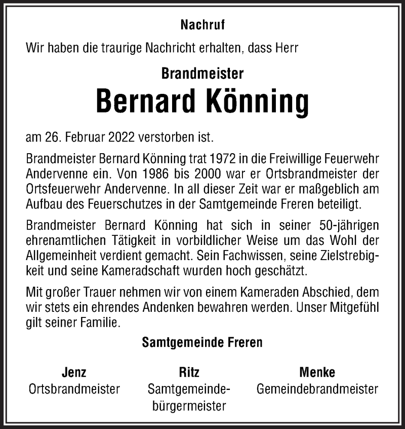  Traueranzeige für Bernard Könning vom 02.03.2022 aus Neue Osnabrücker Zeitung GmbH & Co. KG