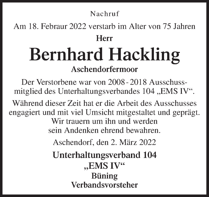  Traueranzeige für Bernhard Hackling vom 02.03.2022 aus Neue Osnabrücker Zeitung GmbH & Co. KG