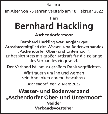 Traueranzeige von Bernhard Hackling von Neue Osnabrücker Zeitung GmbH & Co. KG