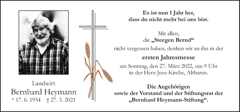  Traueranzeige für Bernhard Heymann vom 23.03.2022 aus Neue Osnabrücker Zeitung GmbH & Co. KG