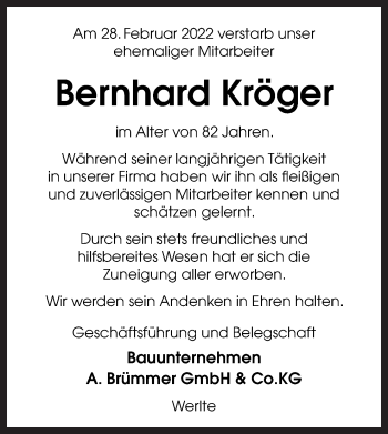 Traueranzeige von Bernhard Kröger von Neue Osnabrücker Zeitung GmbH & Co. KG